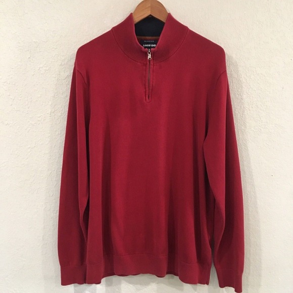 Lands' End Men XL 46-48 Sweater Red 1/4 Zip Knit 100% Cotton Supima Classic Golf - Picture 1 of 10